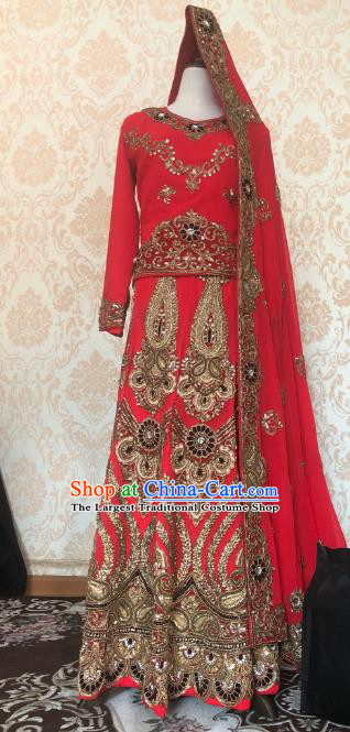 Indian Traditional Embroidered Red Lehenga Dress Asian Hui Nationality Bride Wedding Costume for Women