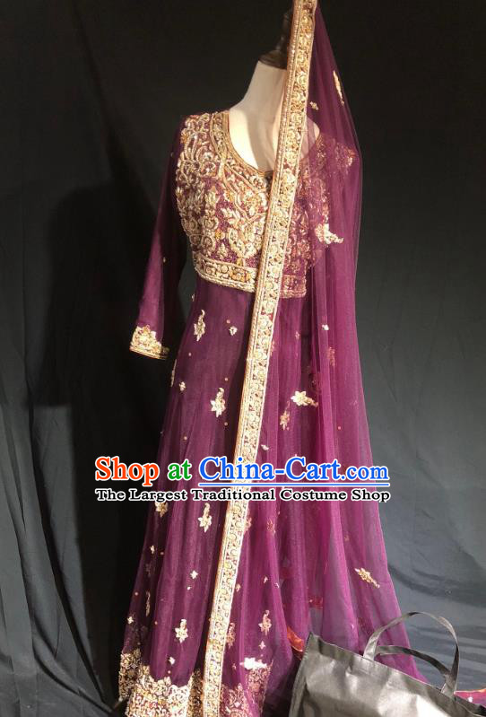 Indian Traditional Bride Embroidered Purple Lehenga Dress Asian Hui Nationality Wedding Costume for Women