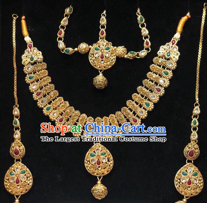 Indian Traditional Wedding Colorful Gem Necklace Earrings and Eyebrows Pendant Asian India Bride Headwear Jewelry Accessories for Women