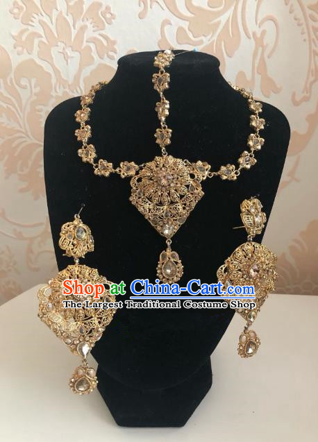 Indian Traditional Wedding Golden Eyebrows Pendant and Earrings Asian India Bride Headwear Jewelry Accessories for Women