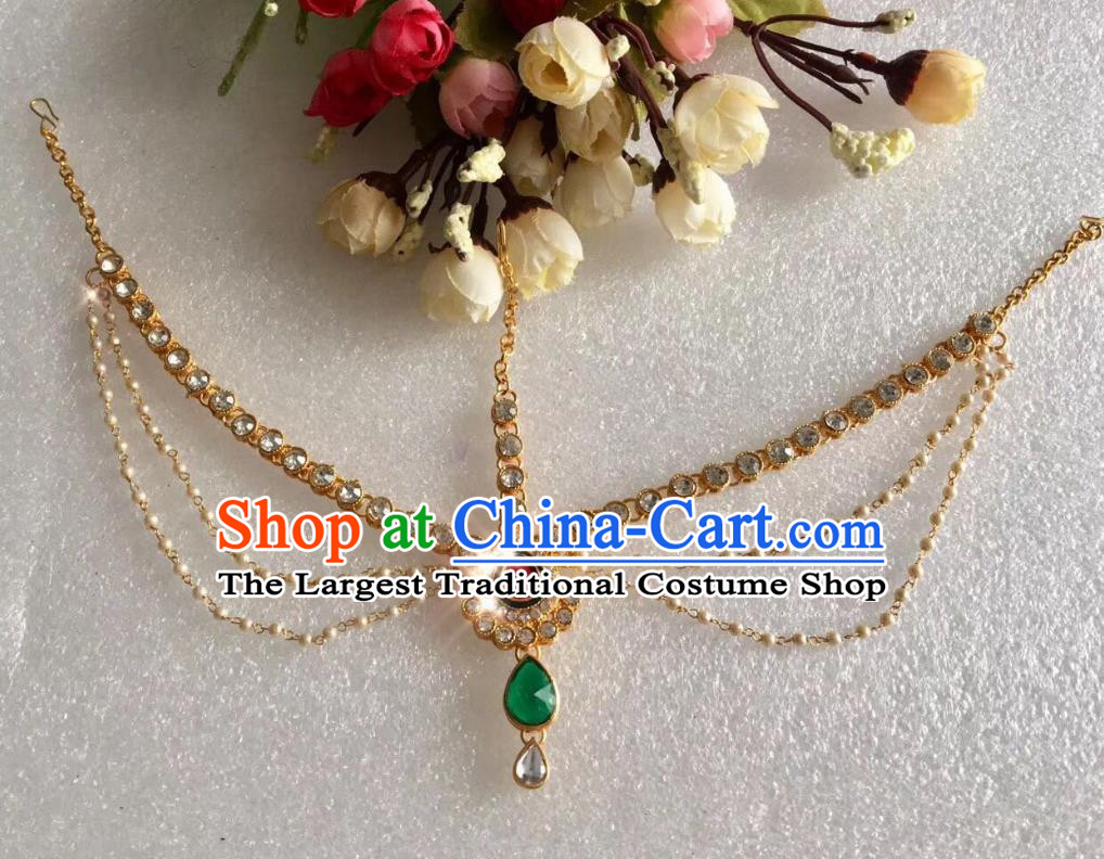 Indian Traditional Wedding Green Crystal Pearls Eyebrows Pendant Asian India Bride Headwear Jewelry Accessories for Women