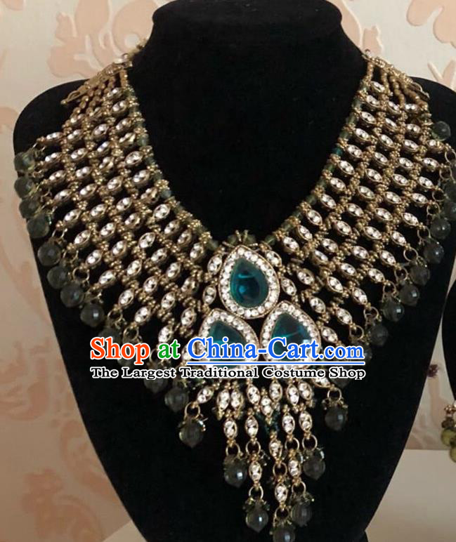 Indian Court Traditional Wedding Luxury Peacock Green Gem Necklace Asian India Bride Jewelry Accessories for Women