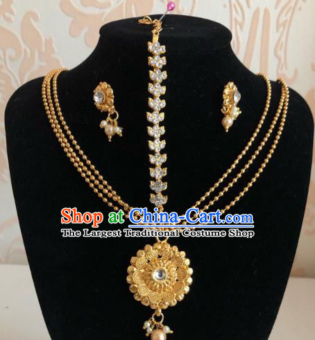 Traditional Indian Wedding Bride Golden Eyebrows Pendant and Earrings Asian India Headwear Jewelry Accessories for Women