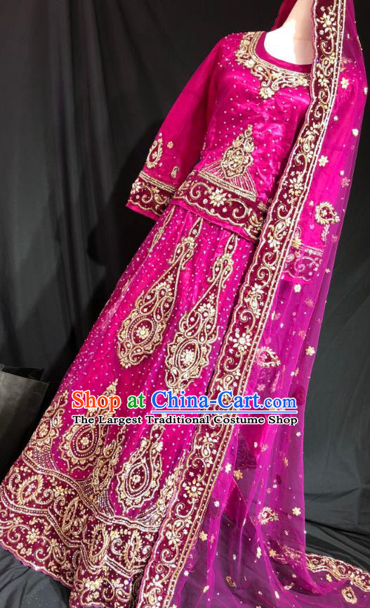 Indian Traditional Wedding Rosy Embroidered Diamante Lehenga Dress Asian Hui Nationality Bride Costume for Women