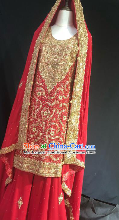 Indian Traditional Wedding Embroidered Golden Beads Red Lehenga Dress Asian Hui Nationality Bride Costume for Women