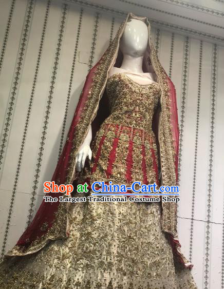 Indian Traditional Bride Purplish Red Lehenga Embroidered Dress Asian Hui Nationality Wedding Costume for Women