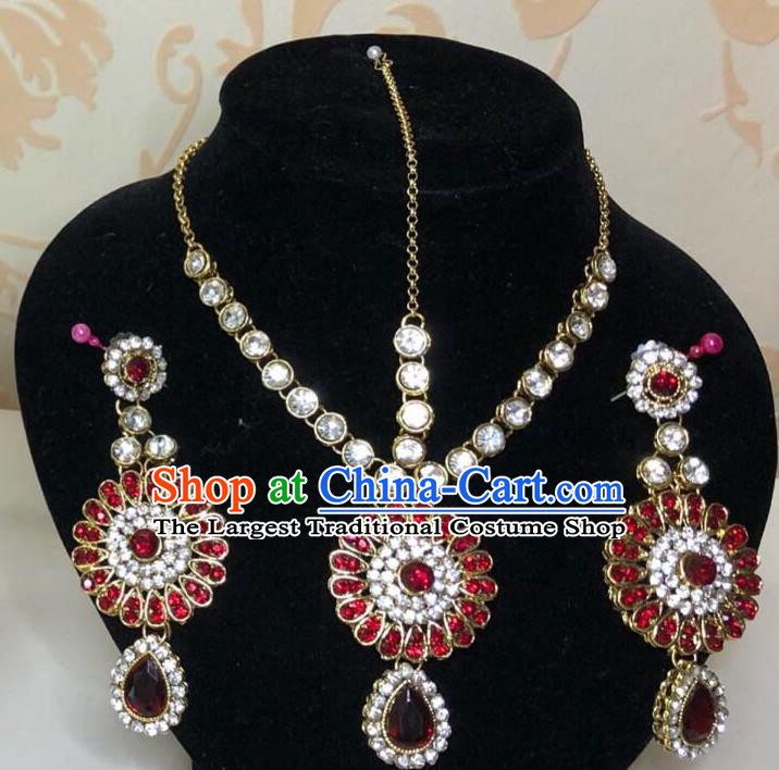 Indian Traditional Wedding Red Crsytal Eyebrows Pendant and Earrings Asian India Bride Headwear Jewelry Accessories for Women