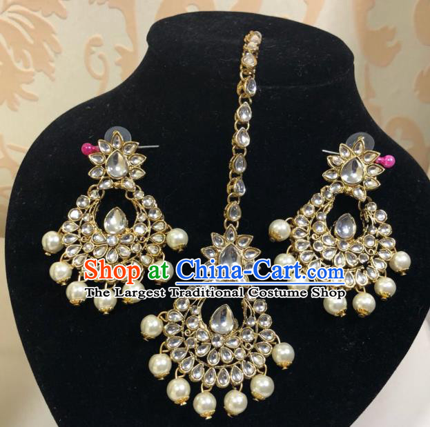 Traditional Indian Wedding Bride Eyebrows Pendant and Earrings Asian India Headwear Jewelry Accessories for Women