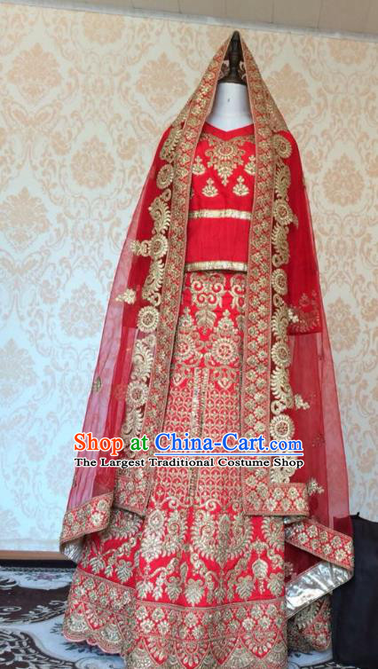 Indian Traditional Court Red Lehenga Costume Asian Hui Nationality Wedding Bride Embroidered Dress for Women