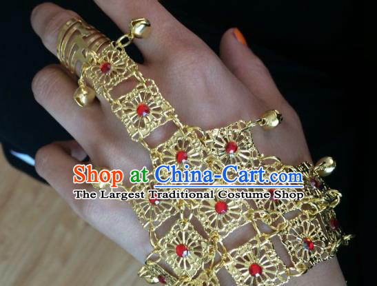 Indian Traditional Wedding Golden Bells Tassel Bracelet with Ring Asian India Court Bride Jewelry Accessories for Women