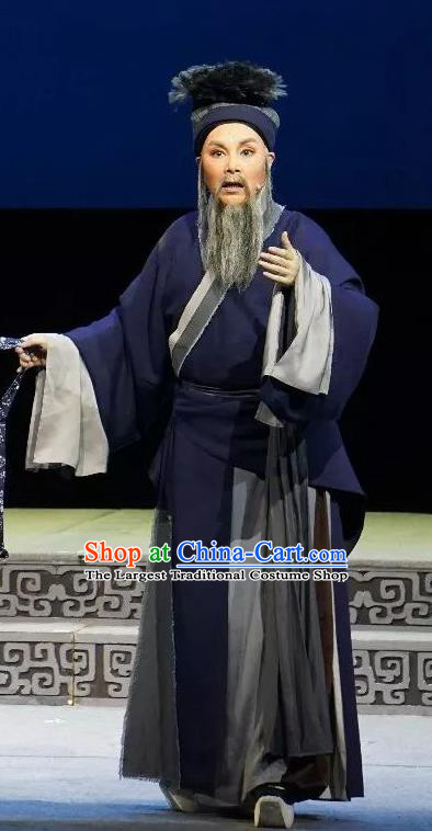 Chinese Yue Opera Elderly Male Zhang Yuanxiu Apparels and Hat Breeze Pavilion Shaoxing Opera Laosheng Poor Man Garment Costumes