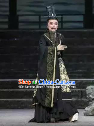 Chinese Yue Opera Official Black Garment Costumes and Headwear Qu Yuan Shaoxing Opera Poet Apparels