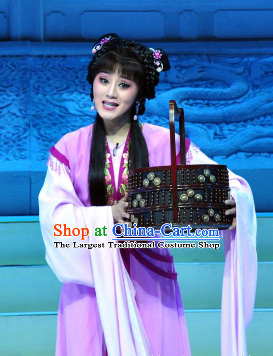 Chinese Shaoxing Opera Court Maid Purple Dress Garment and Headdress Palm Civet for Prince Yue Opera Hua Tan Kou Zhu Apparels Costumes