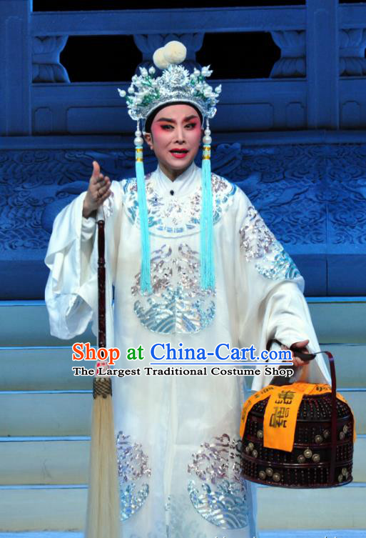 Chinese Yue Opera Palm Civet for Prince Costumes and Headwear Shaoxing Opera Apparels Court Eunuch Chen Lin White Embroidered Robe Garment