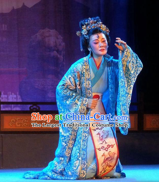 Chinese Shaoxing Opera Court Queen Blue Dress Costumes and Headdress Han Wen Empress Yue Opera Actress Apparels Garment