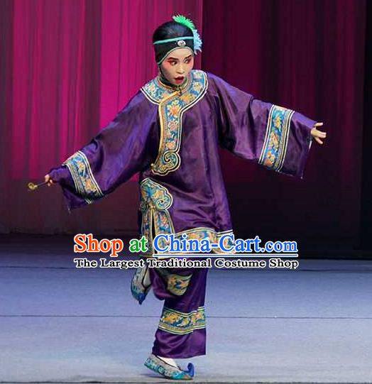 Chinese Peking Opera Elderly Female Purple Apparels Costumes and Headdress Pick Up the Jade Bracelet Yue Opera Laodan Garment Dress