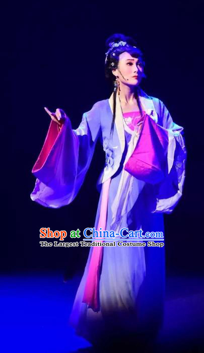 Chinese Shaoxing Opera Hua Tan Actress Dress Apparels and Hair Accessories Smoky Rain Celadon Yue Opera Young Lady Garment Costumes