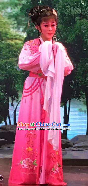 The Crimson Palm Chinese Shaoxing Opera Young Female Garment Costumes and Headwear Yue Opera Hua Tan Wang Qianjin Dress Apparels