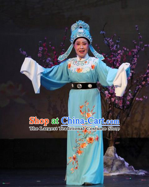 The Purple Hairpin Chinese Yue Opera Scholar Li Yi Costumes and Headwear Shaoxing Opera Xiaosheng Garment Apparels Young Male Blue Robe