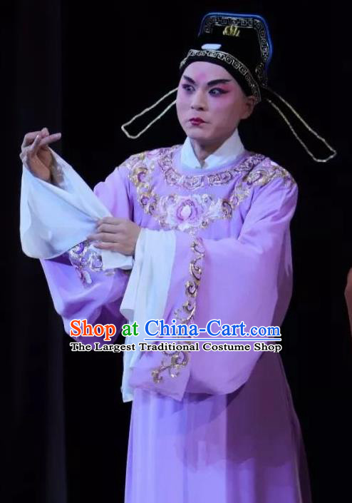 Chinese Classical Kun Opera Scholar Niche Apparels The Story of Pipa Peking Opera Garment Young Male Purple Robe Costumes and Hat