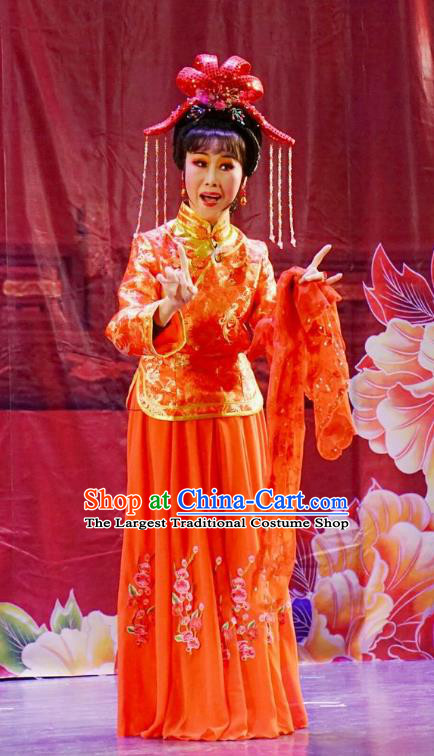 Chinese Shaoxing Opera Bride Wisp of Hemp Lin Niufen Red Dress and Headdress Yue Opera Apparels Costumes Hua Tan Wedding Garment