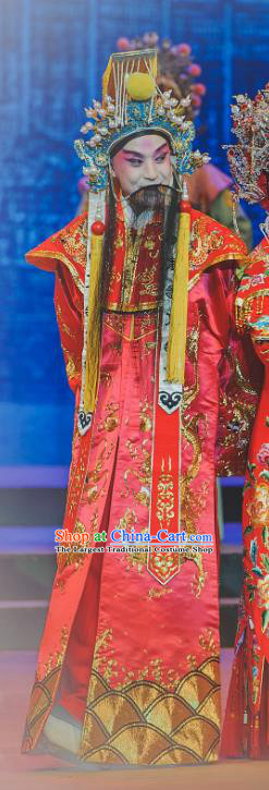 Chinese Classical Kun Opera Tang Emperor The Palace of Eternal Youth Costumes Garment and Headwear Peking Opera Apparels Elderly Male Red Ceremonial Robe