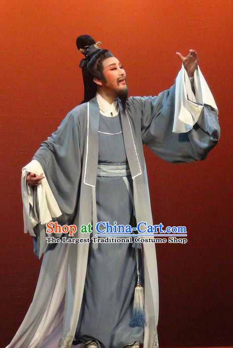 Chinese Shaoxing Opera Elderly Scholar Garment Yue Opera Shuang Fei Yi Apparels Lao Sheng Grey Costumes and Headwear