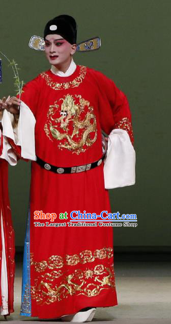 Chinese Classical Kun Opera Scholar Young Male Wedding Garment The Purple Hairpin Peking Opera Bridegroom Red Costumes and Hat