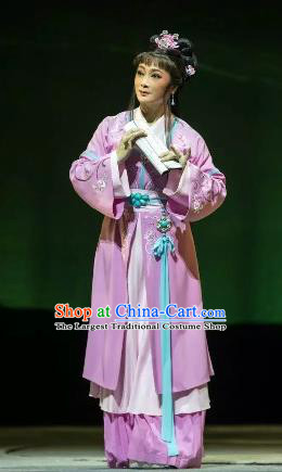 Chinese Shaoxing Opera Hua Tan Garment Costumes and Headdress Wang Yangming Yue Opera Young Lady Purple Dress Apparels