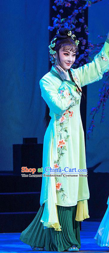 Chinese Shaoxing Opera Xiaodan Actress Garment Costumes Apparels and Headdress Legend of White Snake Yue Opera Young Lady Green Dress