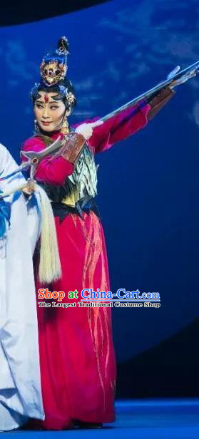 Chinese Shaoxing Opera Swordswoman Han Ba Red Apparels Costumes and Headdress The Story of Goddess Yue Opera Martial Female Dress Garment