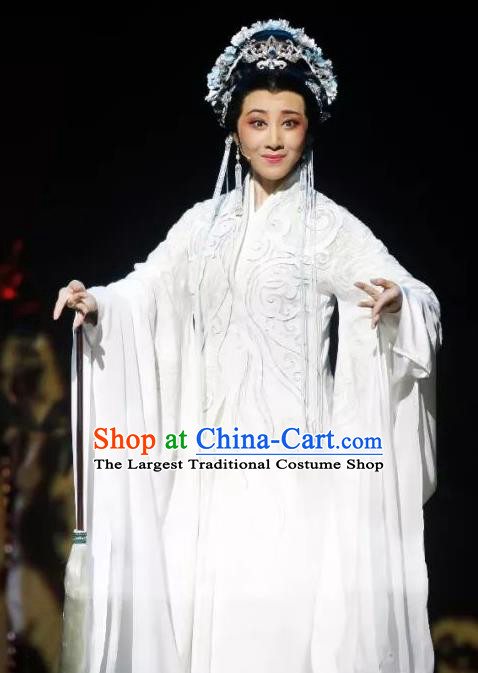 Chinese Shaoxing Opera Young Female Su Nv Costumes and Headdress The Story of Goddess Yue Opera Hua Tan Garment Apparels