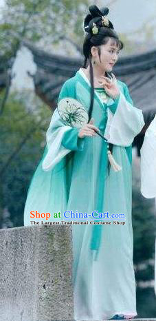 Chinese Shaoxing Opera Actress Garment Costumes and Headdress Legend of White Snake Yue Opera Hua Tan Xiao Qing Green Dress Apparels