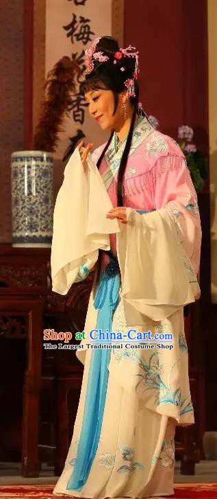 Chinese Shaoxing Opera Actress Bai Suzhen Garment Apparels Costumes and Headpieces Legend of White Snake Yue Opera Hua Tan Dress