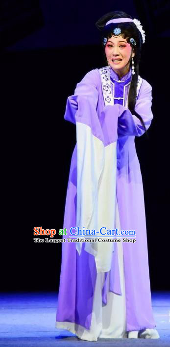 Chinese Shaoxing Opera Actress Qin Xianglian Purple Dress Costumes and Headdress Xianglian Case Yue Opera Distress Maiden Garment Apparels