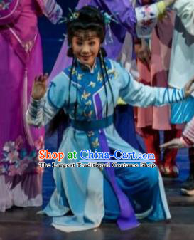 Chinese Shaoxing Opera Young Female Blue Dress Garment Apparels and Headdress Lu Ding Ji Yue Opera Actress Costumes