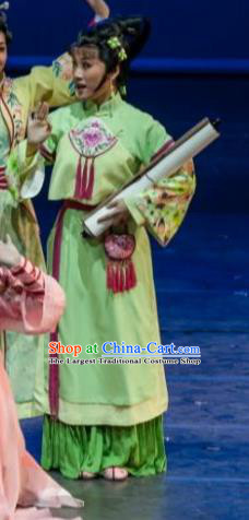 Chinese Shaoxing Opera Female Swordsman Green Dress Garment Apparels and Headdress Lu Ding Ji Yue Opera Young Lady Costumes