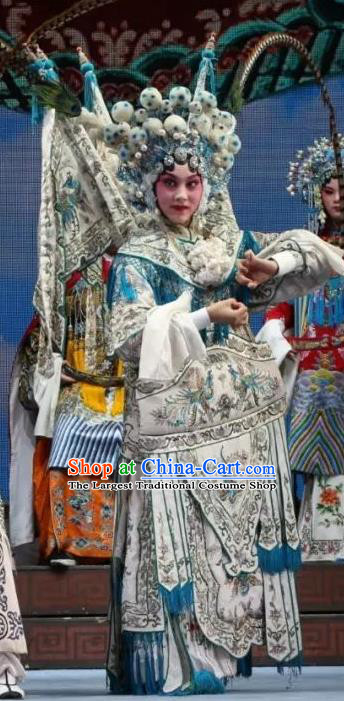 Chinese Shaoxing Opera Tao Ma Tan Mu Guiying Apparels Costumes and Headdress Bai Sui Gua Shuai Yue Opera Martial Female General Kao Armor Suit with Flags Garment