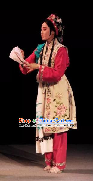 Chinese Kun Opera Xiaodan Dress Costumes and Headdress On A Wall and Horse Kunqu Opera Servant Girl Garment Apparels