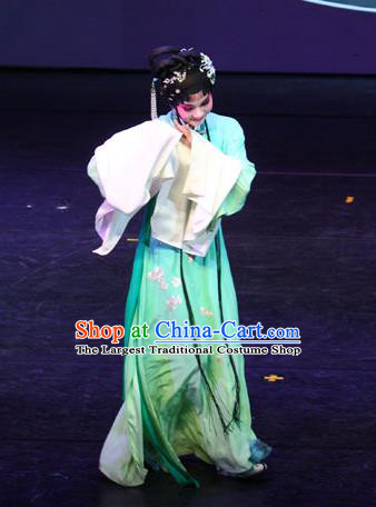 Chinese Kun Opera Hua Tan Li Daiyu Green Dress Apparels Costumes and Headpieces Dream of Red Mansions Kunqu Opera Noble Lady Actress Garment