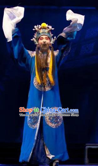 Jing Yang Zhong Chinese Kun Opera Emperor Chongzhen Blue Embroidered Robe Costumes and Headwear Kunqu Opera Laosheng Garment Elderly Male Apparels