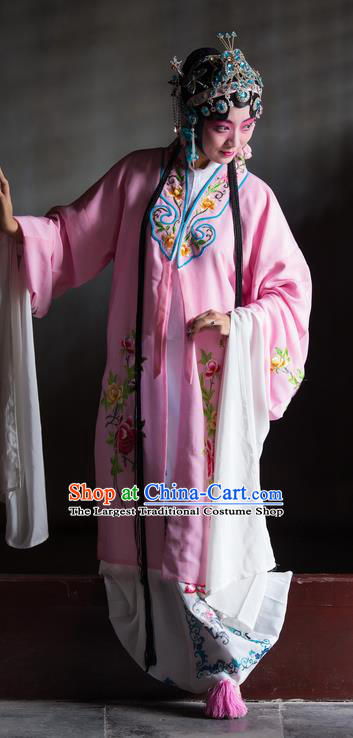 Chinese Kun Opera Young Female Du Liniang Pink Dress Apparels and Headdress Dream in The Garden Traditional Kunqu Opera Hua Tan Garment Costumes