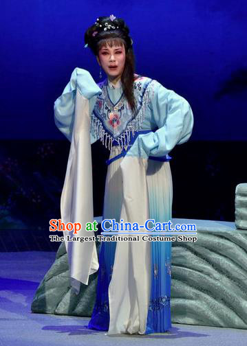 Chinese Shaoxing Opera Female Costumes Pi Shan Jiu Mu Apparels Yue Opera Actress Blue Dress Goddess Garment and Hair Accessories