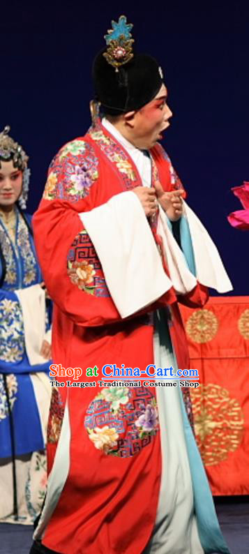 Feng Zheng Wu Chinese Kun Opera Xiaosheng Wedding Apparels Costumes and Headwear Kunqu Opera Scholar Qi Youxian Red Garment Clothing