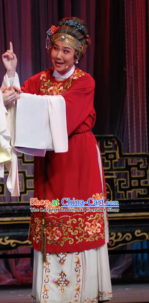 Chinese Shaoxing Opera Elderly Female Red Costumes Yu Qing Ting Apparels Yue Opera Lao Dan Garment Noble Dame Dress and Headdress