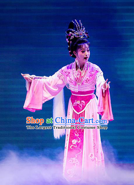 Chinese Huangmei Opera Peri Apparels Costumes and Headpieces Goddess Marriage Traditional Anhui Opera Hua Tan Pink Dress Garment