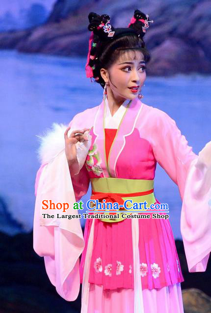 Chinese Huangmei Opera Young Beauty Apparels Costumes and Headpieces Goddess Marriage Traditional Anhui Opera Hua Tan Pink Dress Garment