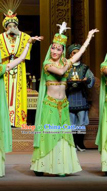 Chinese Shaoxing Opera Court Lady Green Dress Desert Prince Yue Opera Garment Costumes Figurant Green Apparels and Headwear