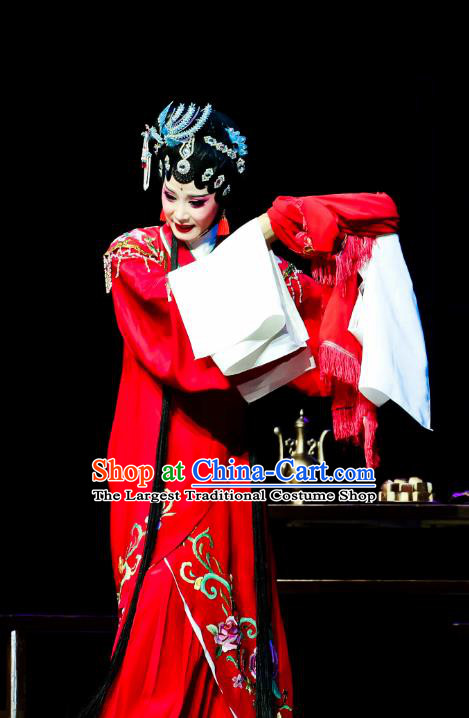 Chinese Huangmei Opera Actress Red Garment Costumes and Headdress Ji Mo Han Qing Traditional Anhui Opera Hua Tan Wedding Dress Apparels