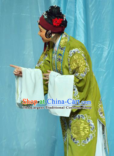 Chinese Shaoxing Opera Elderly Female Dress The Jade Hairpin Yue Opera Costumes Apparels Old Woman Green Garment and Hair Accessories